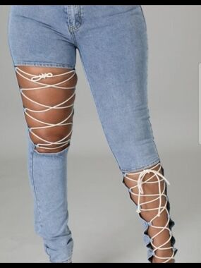 SHEIN Light Blue Lace-Up Skinny Jeans